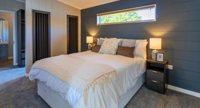 Luxury lodge bedroom interior, Bulmer Leisure
