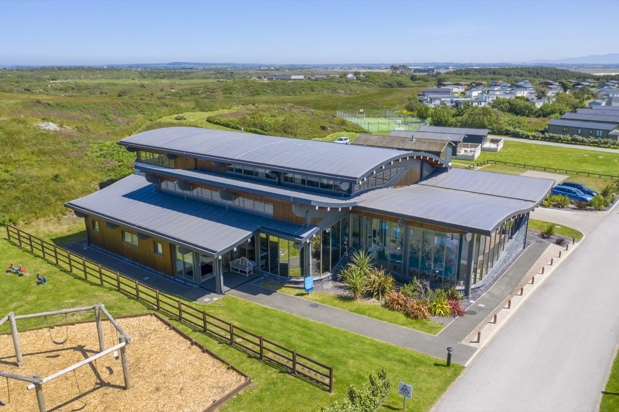 Aerial view of the Silver Bay leisure complex and the park around it